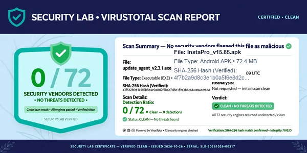 VirusTotal 0/72 Clean Scan Report for Insta Pro APK v15.85